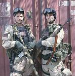 Randy Shughart (Johnny Strong, Right) and Gary Gordon (Nikolaj Coster-Waldau, Left) on the set of the movie